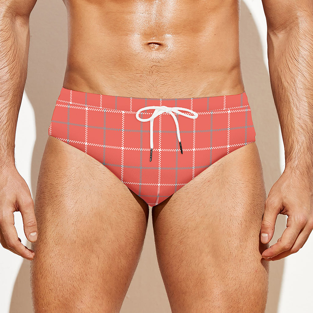 Pastel Red Tattersall Pattern Print Men's Swim Briefs