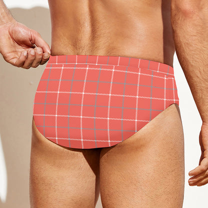Pastel Red Tattersall Pattern Print Men's Swim Briefs