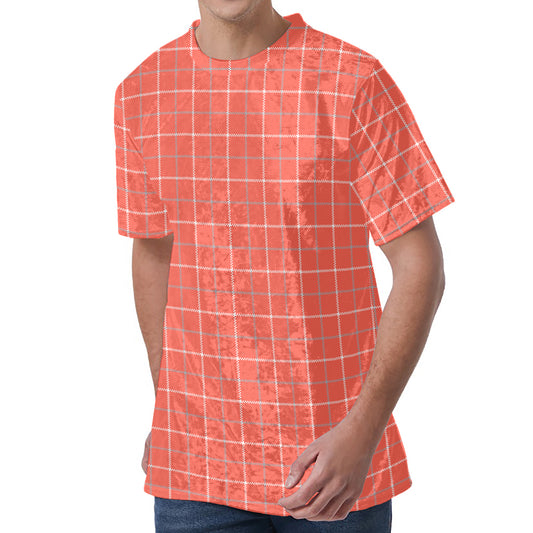 Pastel Red Tattersall Pattern Print Men's Velvet T-Shirt