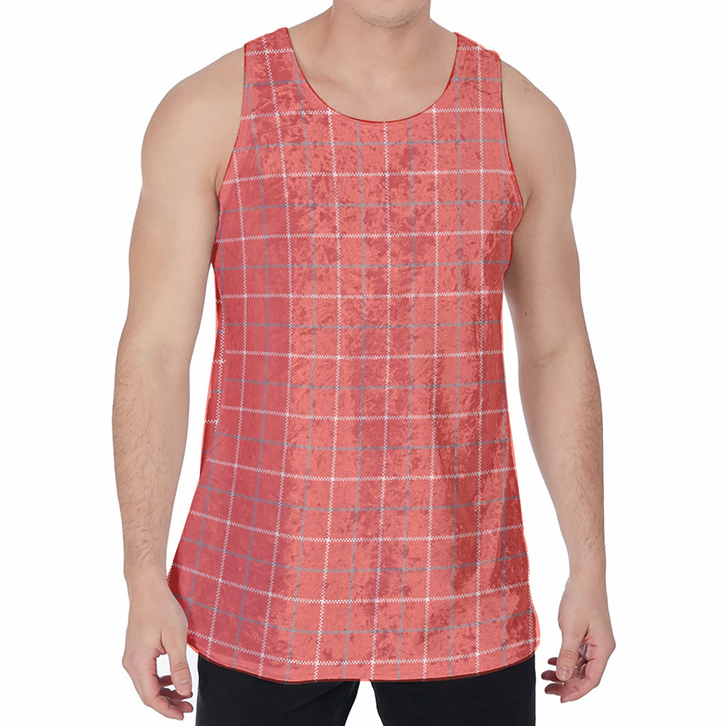 Pastel Red Tattersall Pattern Print Men's Velvet Tank Top