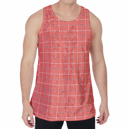Pastel Red Tattersall Pattern Print Men's Velvet Tank Top