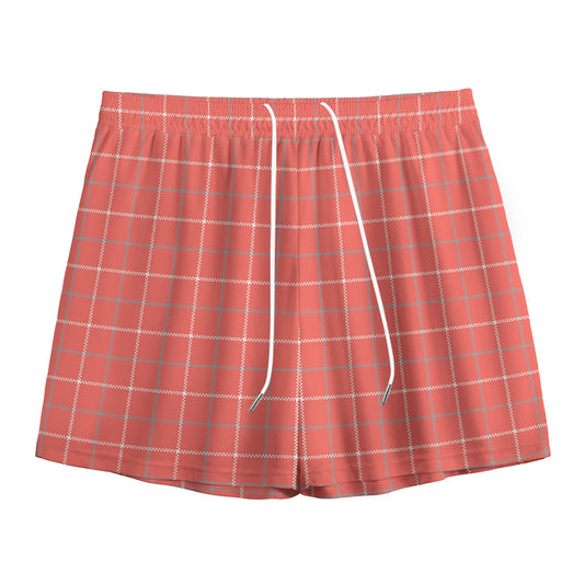 Pastel Red Tattersall Pattern Print Mesh Shorts