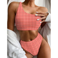 Pastel Red Tattersall Pattern Print One Shoulder Bikini Set