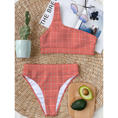 Pastel Red Tattersall Pattern Print One Shoulder Bikini Top