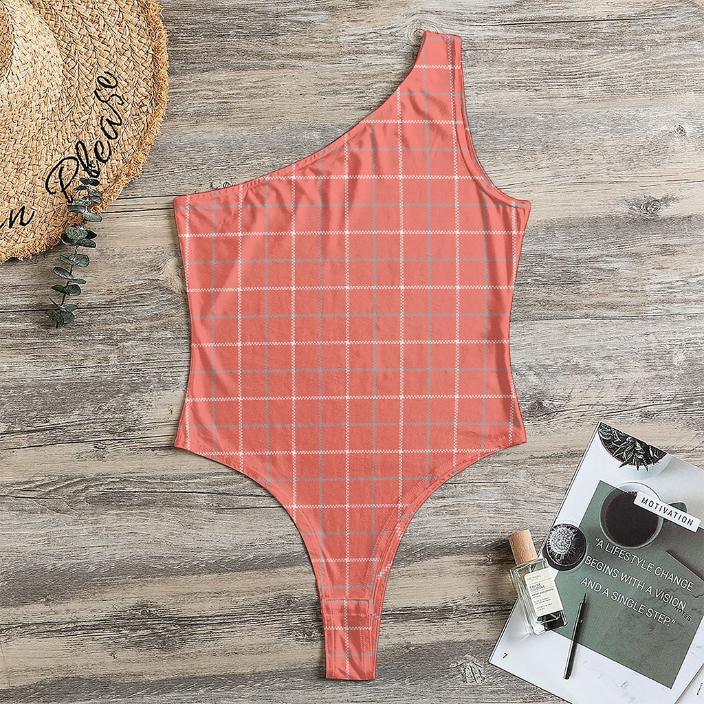 Pastel Red Tattersall Pattern Print One Shoulder Bodysuit