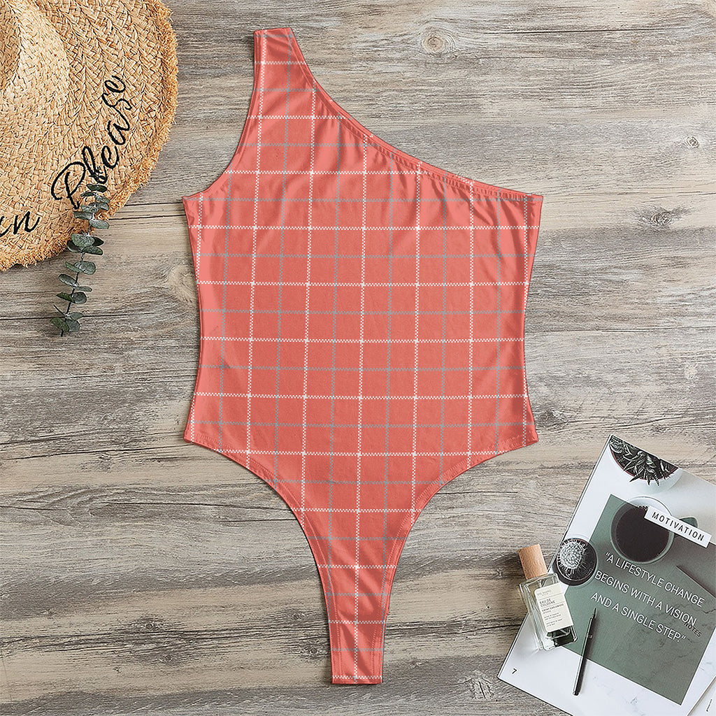 Pastel Red Tattersall Pattern Print One Shoulder Bodysuit