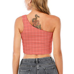 Pastel Red Tattersall Pattern Print One Shoulder Crop Top