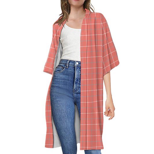Pastel Red Tattersall Pattern Print Open Front Beach Cover Up