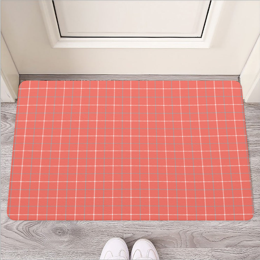 Pastel Red Tattersall Pattern Print Rubber Doormat