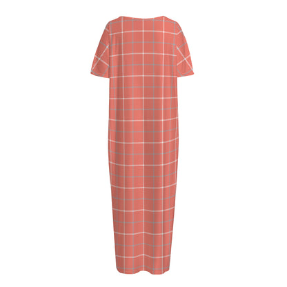 Pastel Red Tattersall Pattern Print Short Sleeve Long Nightdress