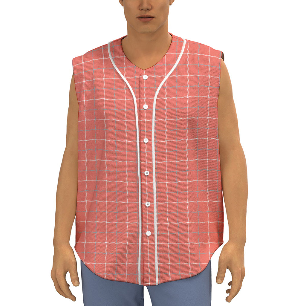 Pastel Red Tattersall Pattern Print Sleeveless Baseball Jersey
