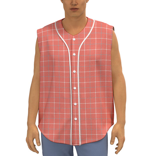 Pastel Red Tattersall Pattern Print Sleeveless Baseball Jersey