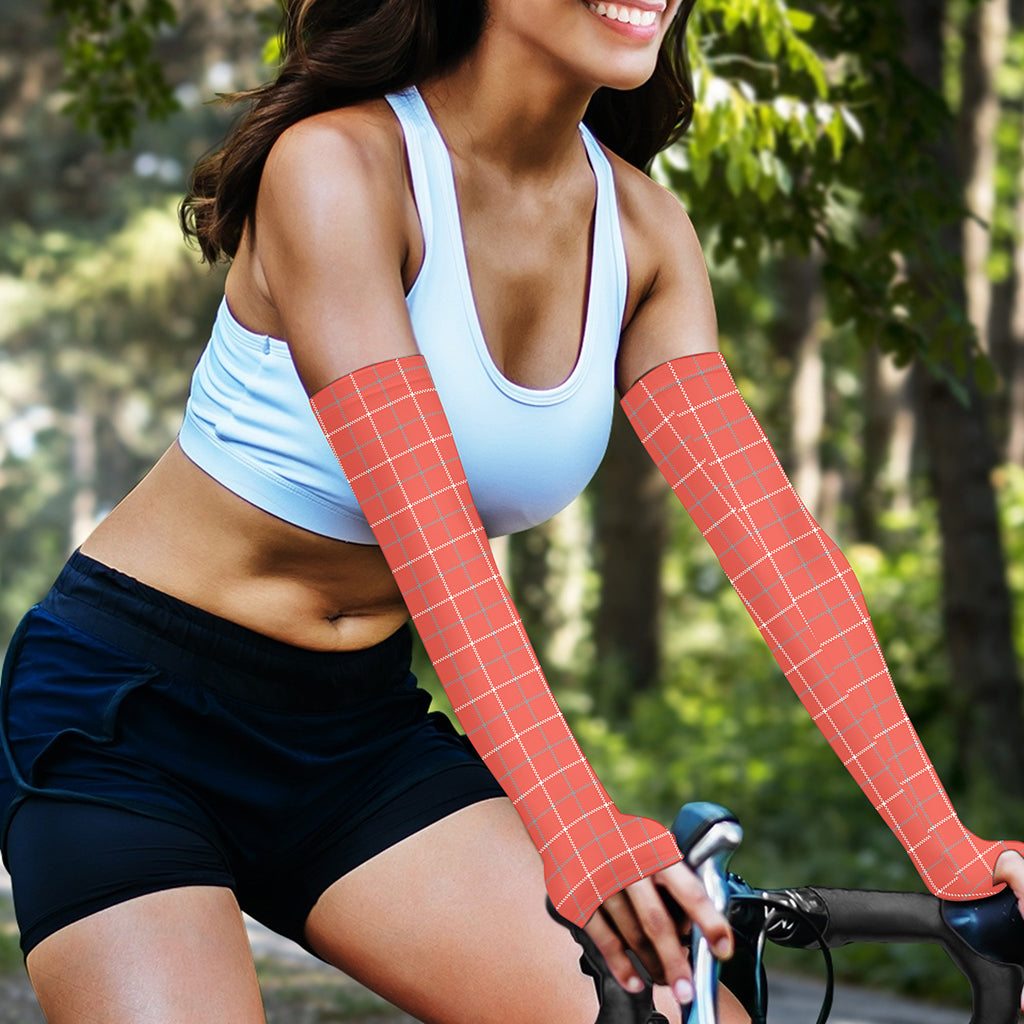 Pastel Red Tattersall Pattern Print Sun Protection Arm Sleeves