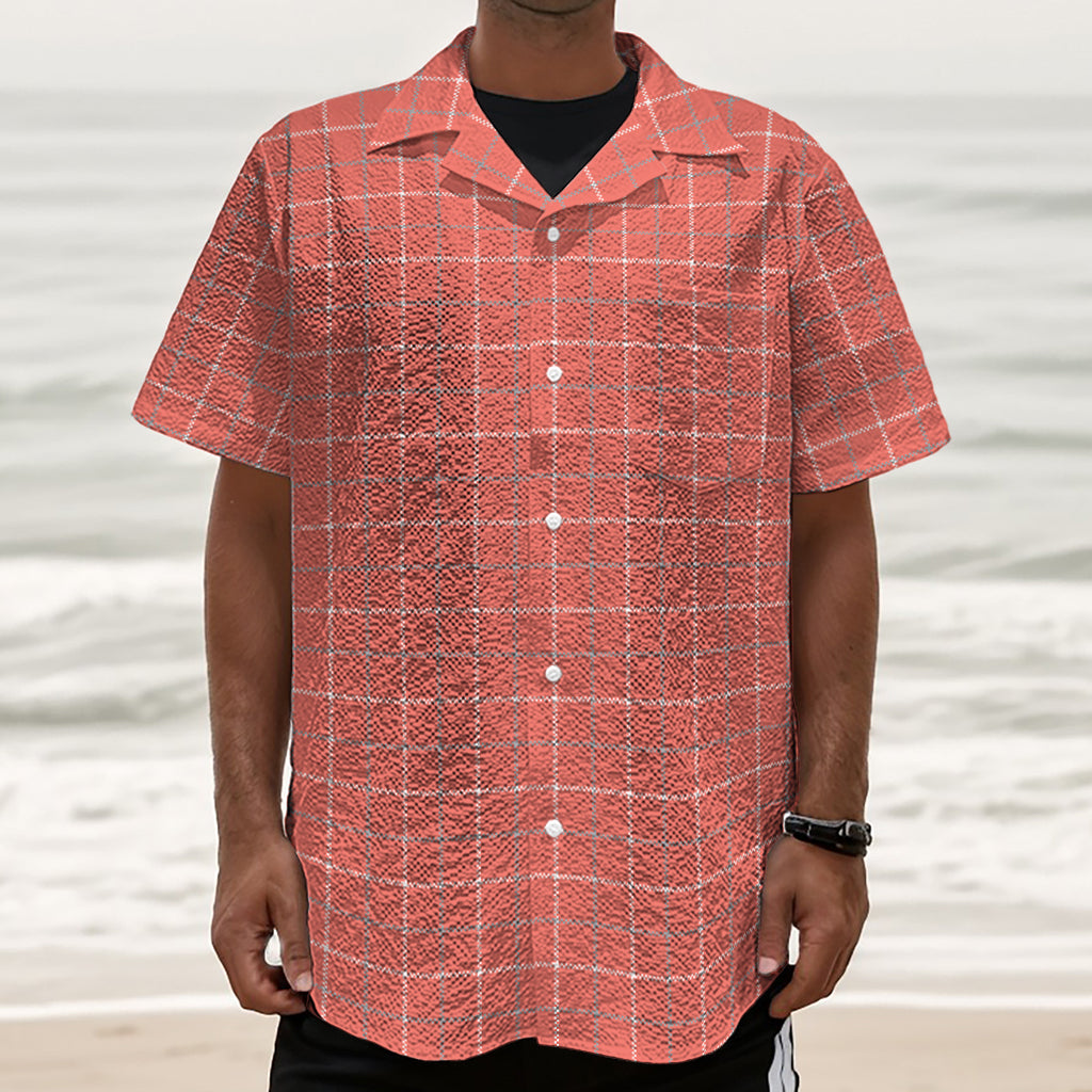 Pastel Red Tattersall Pattern Print Textured Short Sleeve Shirt