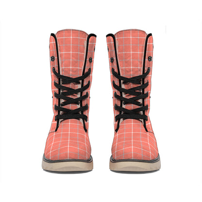Pastel Red Tattersall Pattern Print Winter Boots