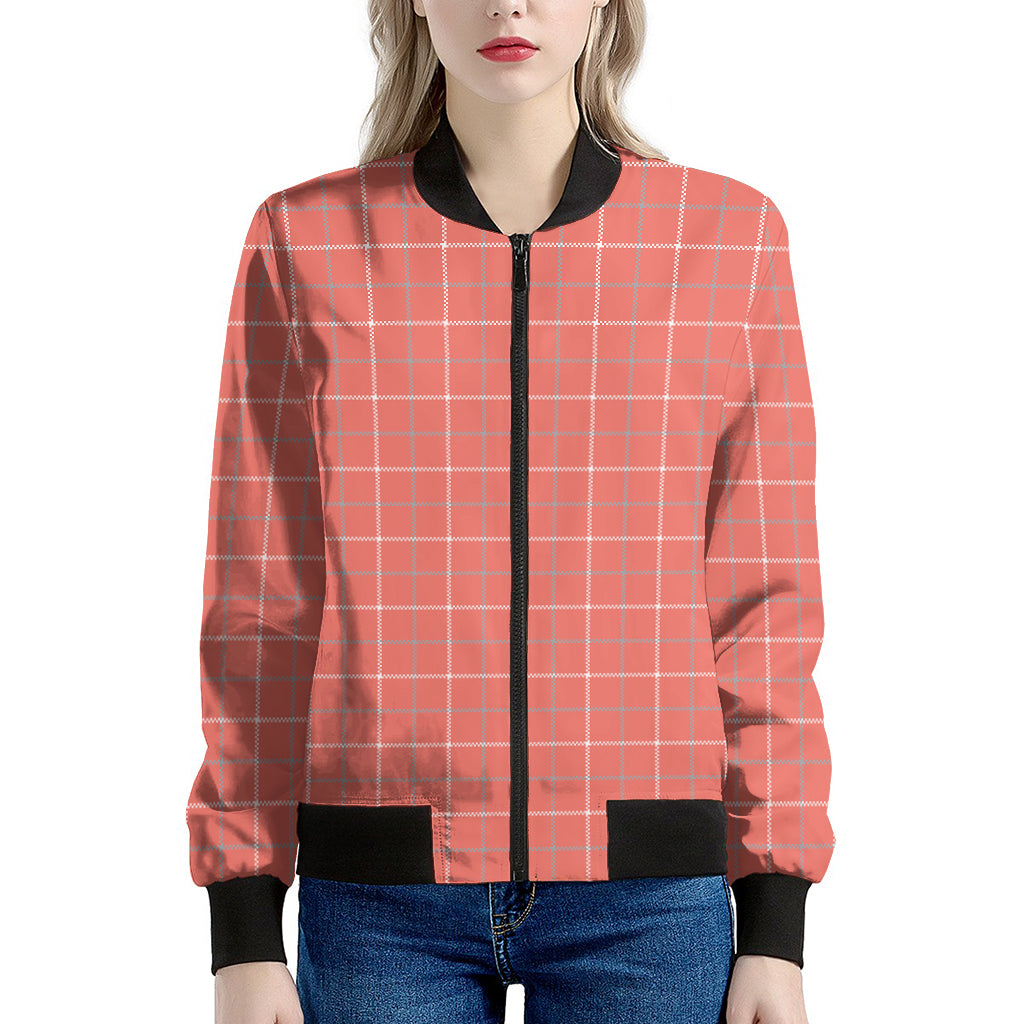 Pastel Red Tattersall Pattern Print Women's Bomber Jacket