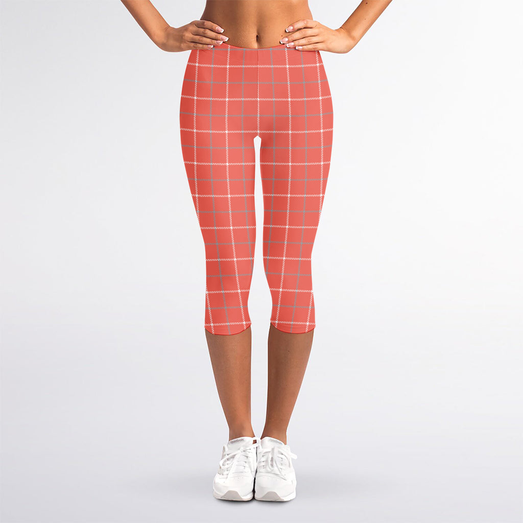 Pastel Red Tattersall Pattern Print Women's Capri Leggings