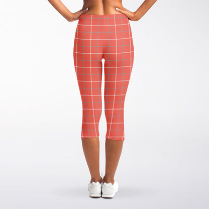 Pastel Red Tattersall Pattern Print Women's Capri Leggings