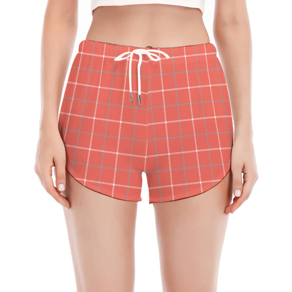 Pastel Red Tattersall Pattern Print Women's Split Running Shorts