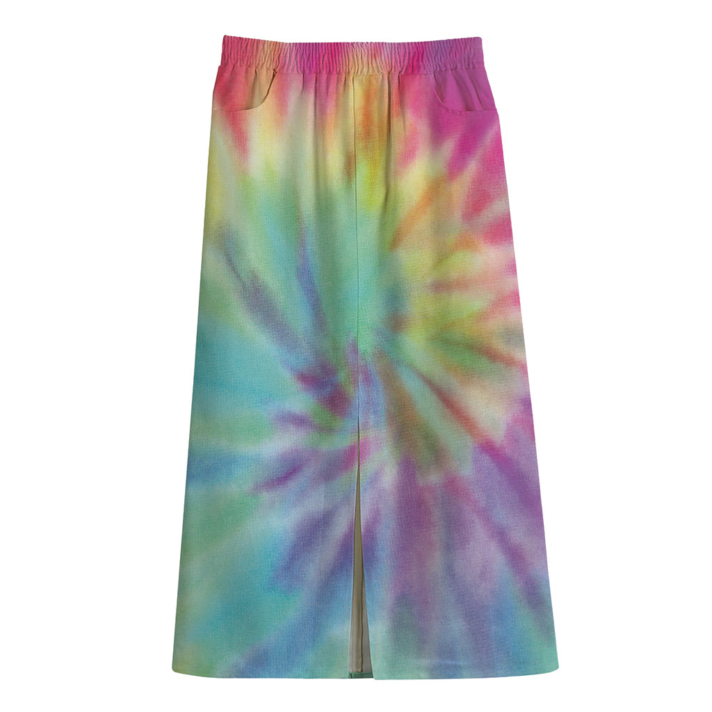 Pastel Spiral Tie Dye Print Cotton Front Slit Maxi Skirt