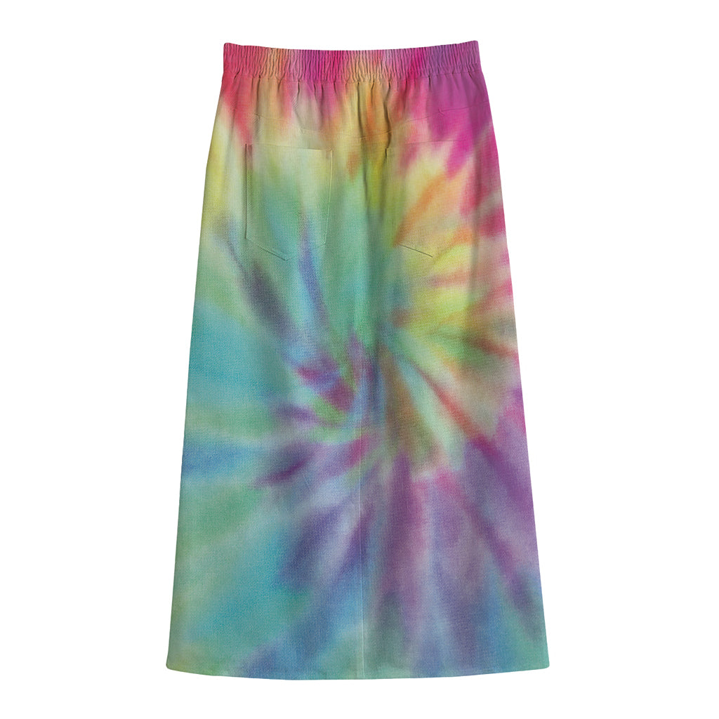 Pastel Spiral Tie Dye Print Cotton Front Slit Maxi Skirt