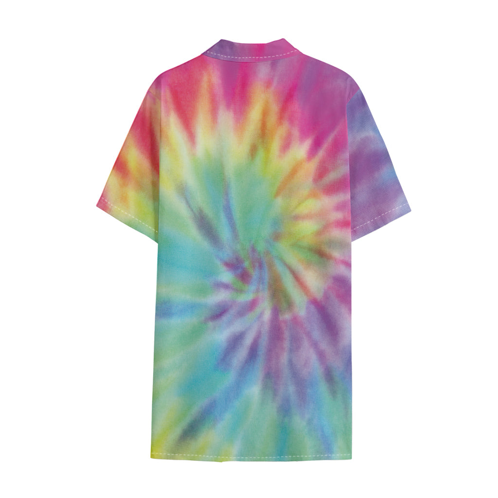 Pastel Spiral Tie Dye Print Cotton Hawaiian Shirt