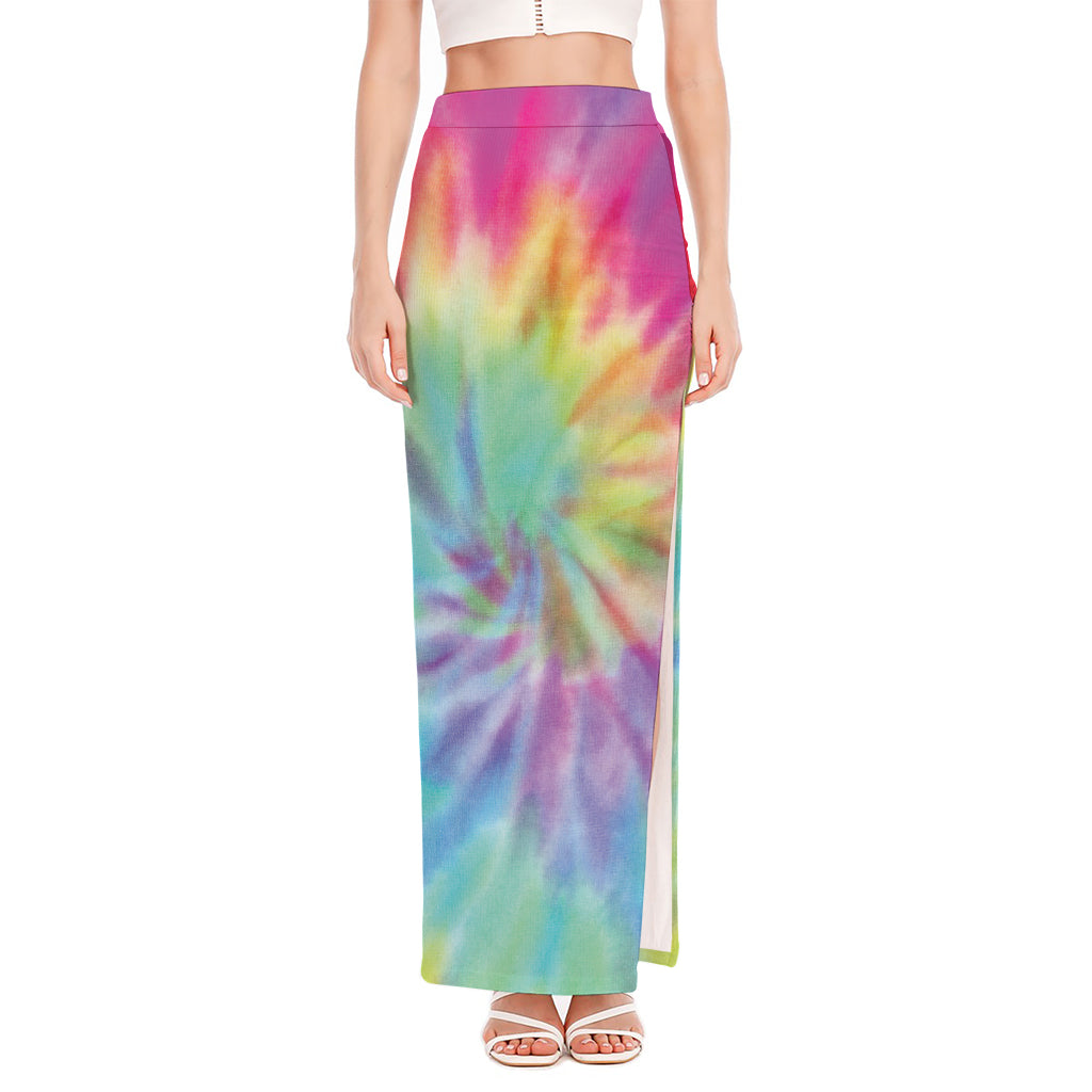 Pastel Spiral Tie Dye Print High Slit Maxi Skirt