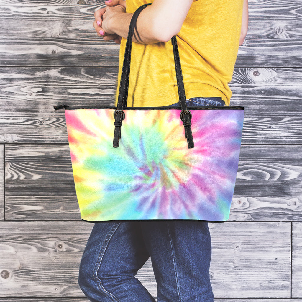 Pastel Spiral Tie Dye Print Leather Tote Bag