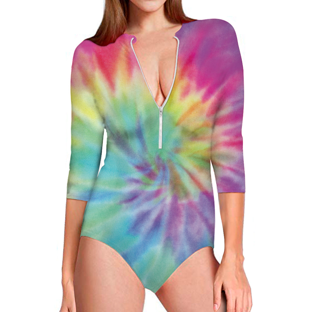 Pastel Spiral Tie Dye Print Long Sleeve Swimsuit