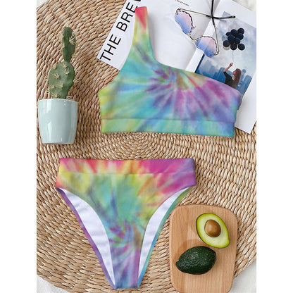 Pastel Spiral Tie Dye Print One Shoulder Bikini Top