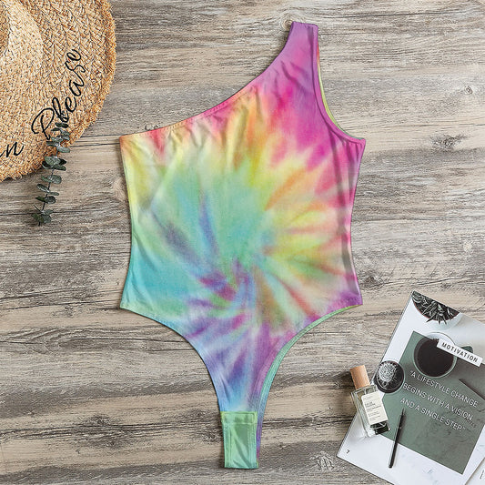 Pastel Spiral Tie Dye Print One Shoulder Bodysuit