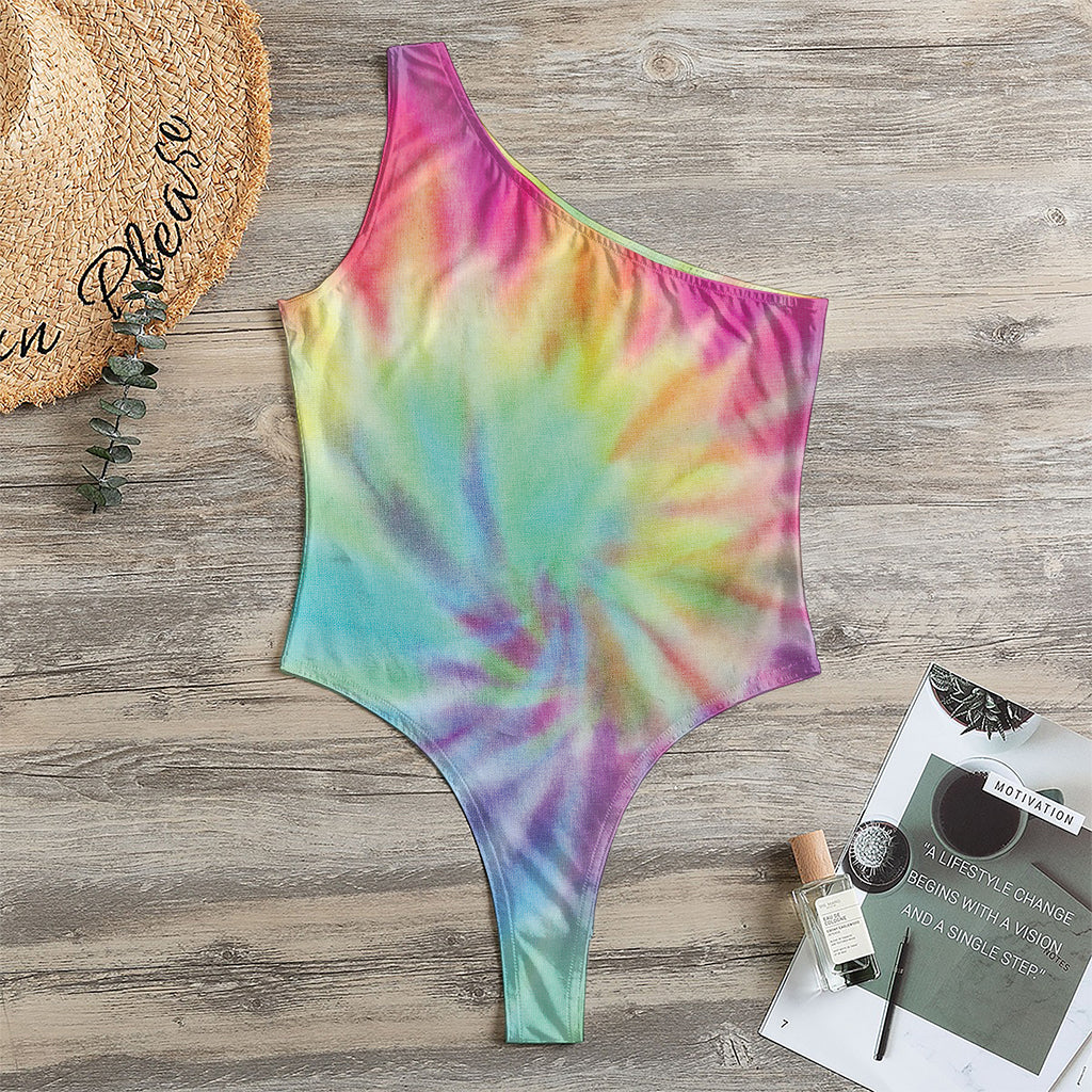 Pastel Spiral Tie Dye Print One Shoulder Bodysuit