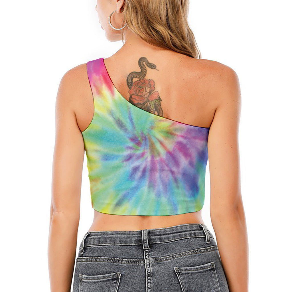 Pastel Spiral Tie Dye Print One Shoulder Crop Top