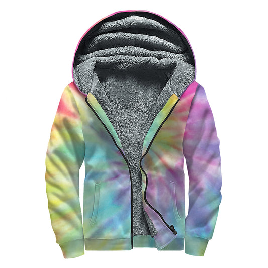 Pastel Spiral Tie Dye Print Sherpa Lined Zip Up Hoodie