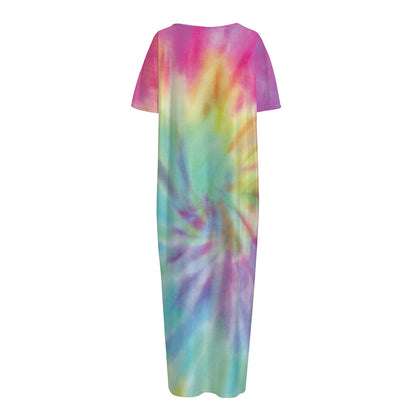 Pastel Spiral Tie Dye Print Short Sleeve Long Nightdress