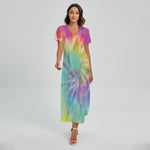 Pastel Spiral Tie Dye Print Short Sleeve Maxi Dress