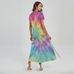 Pastel Spiral Tie Dye Print Short Sleeve Maxi Dress