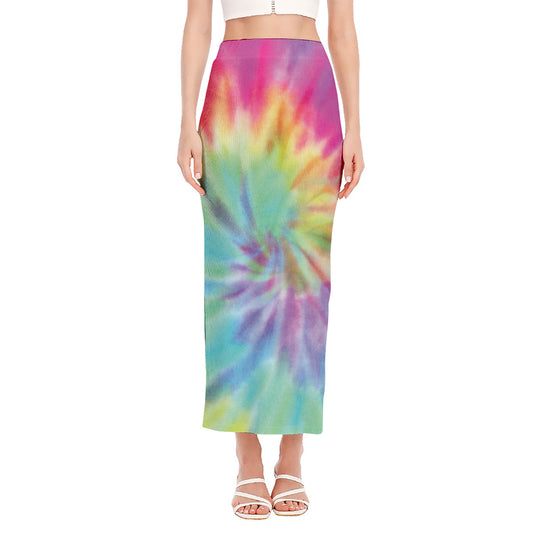 Pastel Spiral Tie Dye Print Side Slit Maxi Skirt