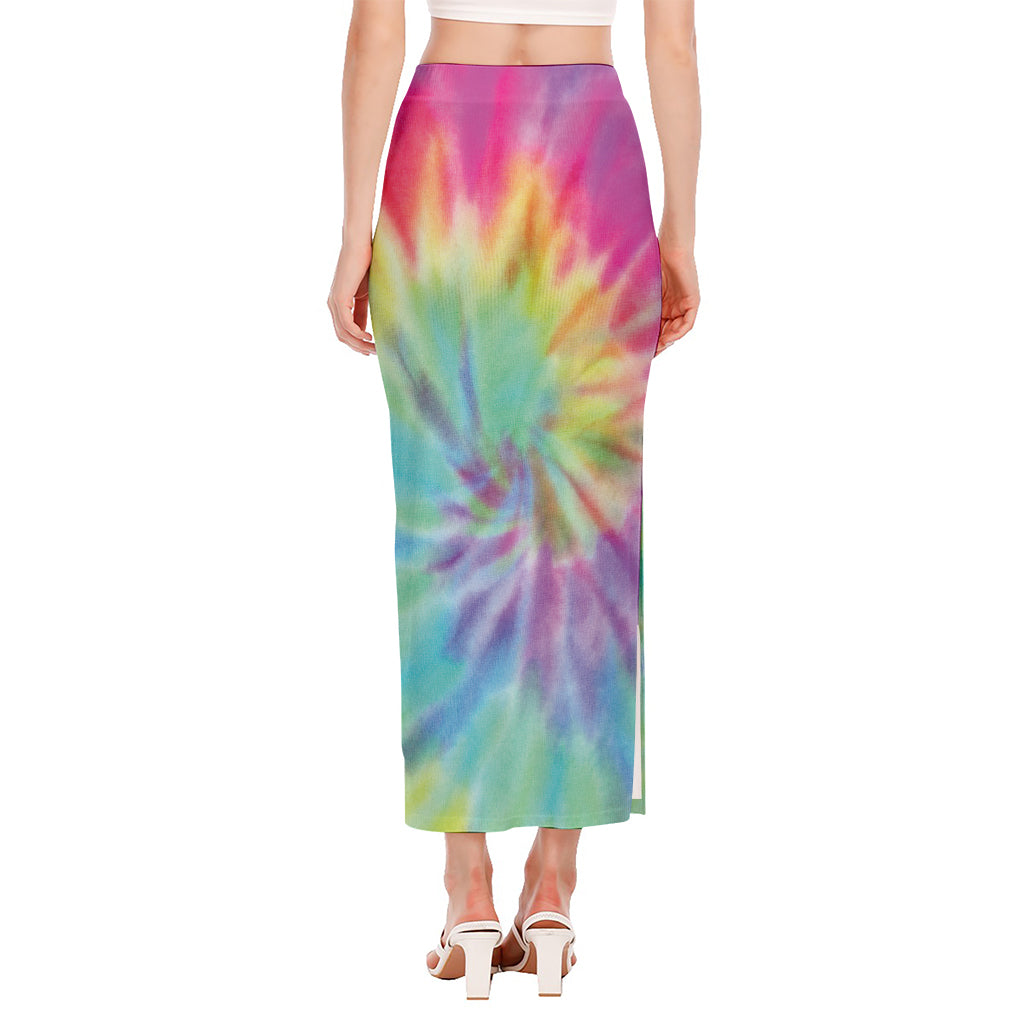 Pastel Spiral Tie Dye Print Side Slit Maxi Skirt