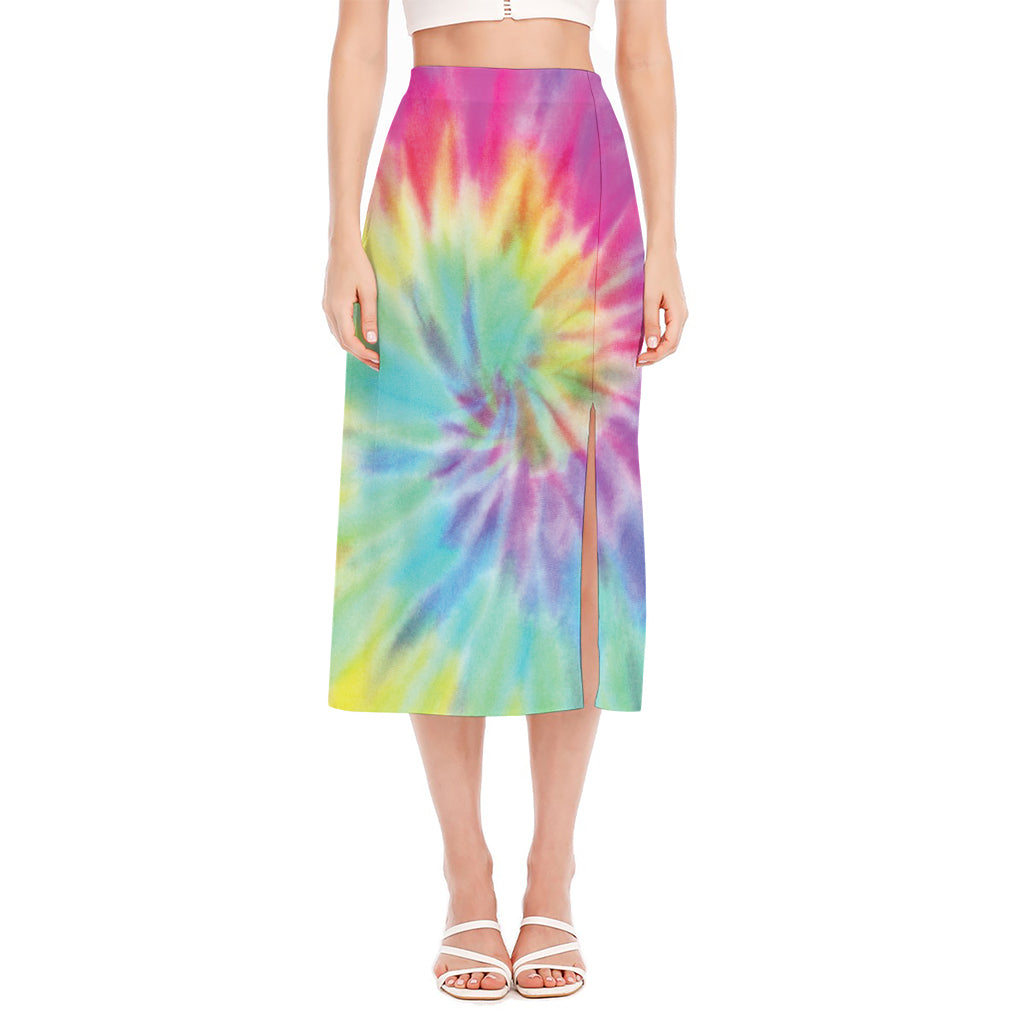 Pastel Spiral Tie Dye Print Side Slit Midi Skirt