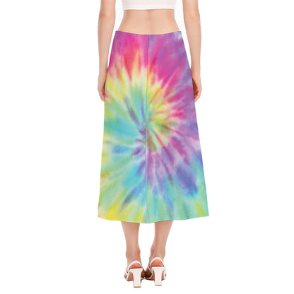 Pastel Spiral Tie Dye Print Side Slit Midi Skirt