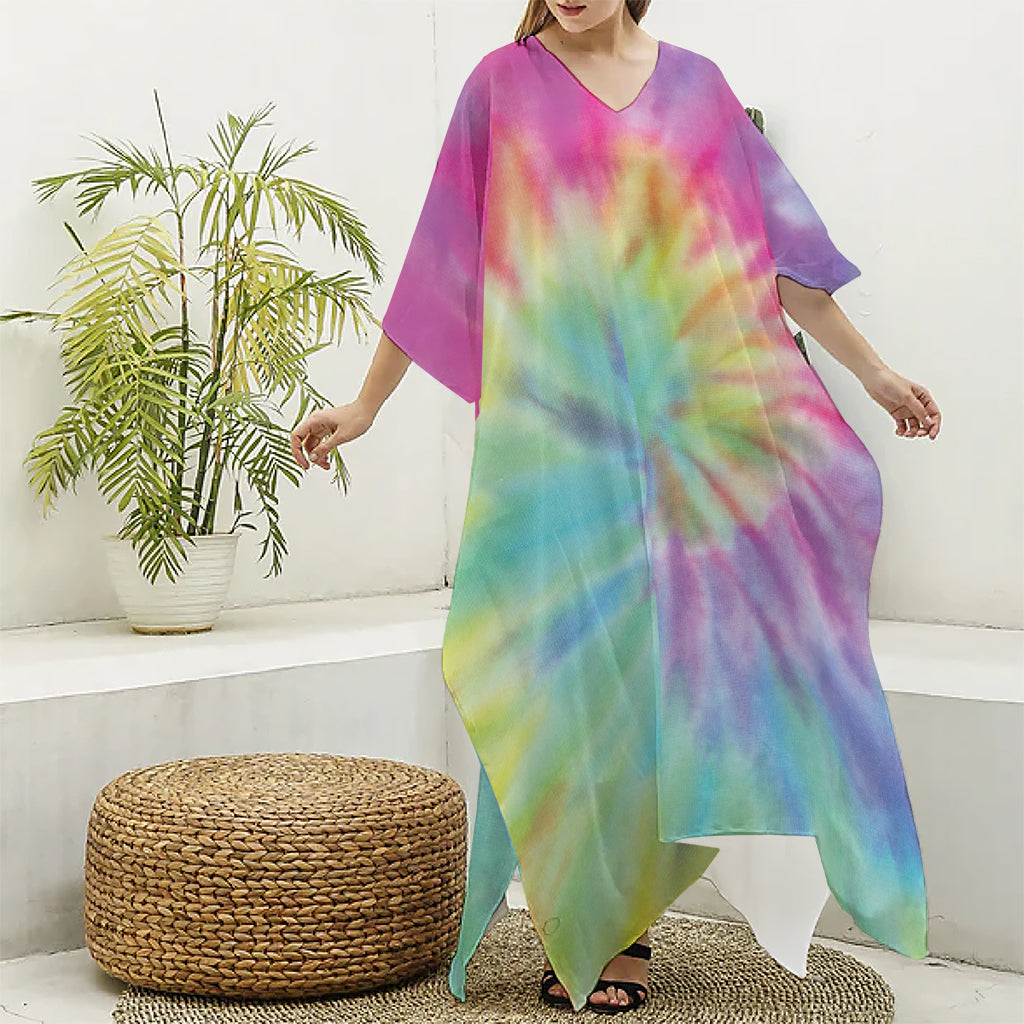 Pastel Spiral Tie Dye Print Silk V-Neck Kaftan Dress