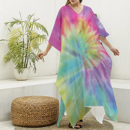 Pastel Spiral Tie Dye Print Silk V-Neck Kaftan Dress