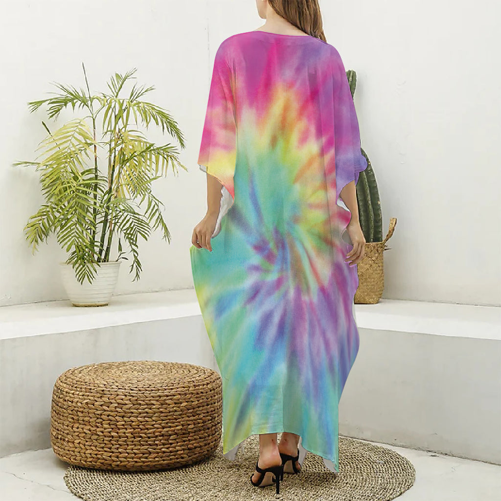 Pastel Spiral Tie Dye Print Silk V-Neck Kaftan Dress