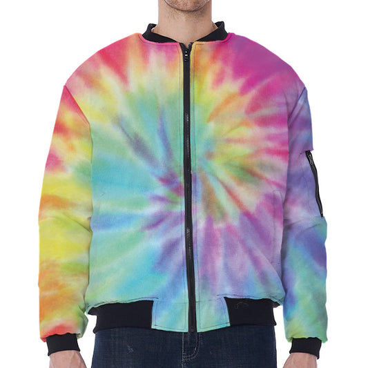 Pastel Spiral Tie Dye Print Zip Sleeve Bomber Jacket