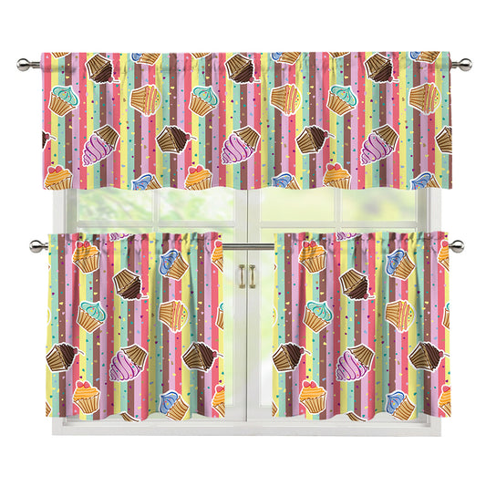 Pastel Striped Cupcake Pattern Print 3 Piece Kitchen Curtains
