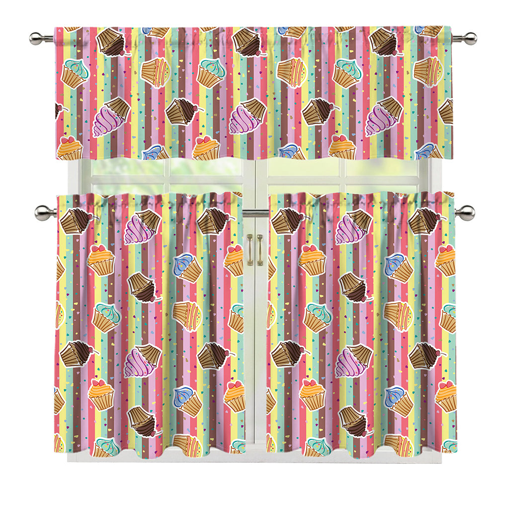 Pastel Striped Cupcake Pattern Print 3 Piece Kitchen Curtains