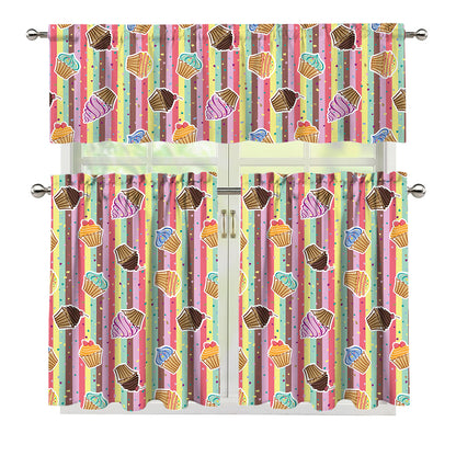 Pastel Striped Cupcake Pattern Print 3 Piece Kitchen Curtains