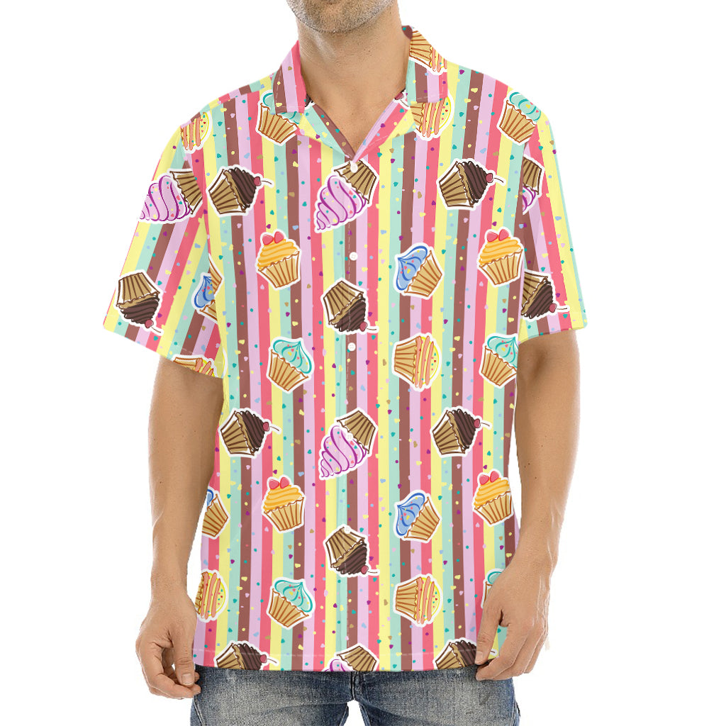 Pastel Striped Cupcake Pattern Print Aloha Shirt