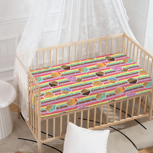 Pastel Striped Cupcake Pattern Print Baby Crib Sheet